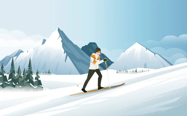 Skidåkare Klättrar Upp Till Berget Skidvektor Illustration Med Snöiga Berg — Stock vektor