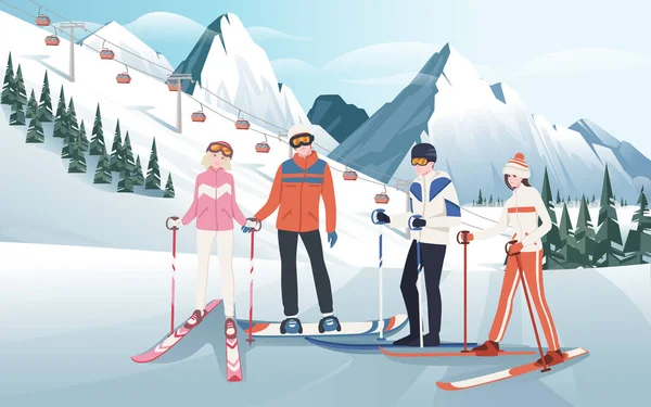 Group Skiers Snowboarder Staying Still Ground Vector Illustration Snowy Mountain — Wektor stockowy