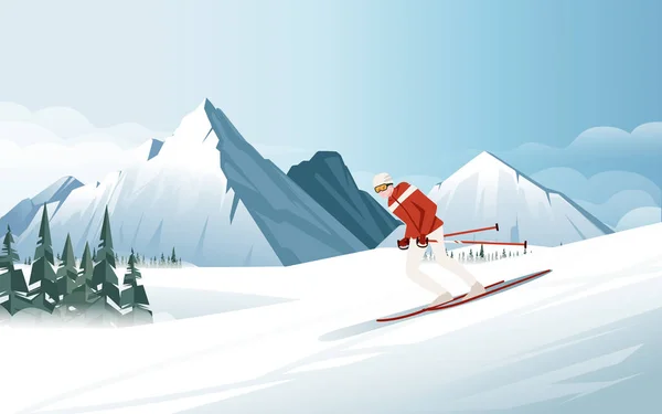 Лыжник Мчится Горы Лыжном Векторе Заснеженной Горой Вечнозеленым Лесным Ландшафтом — стоковый вектор