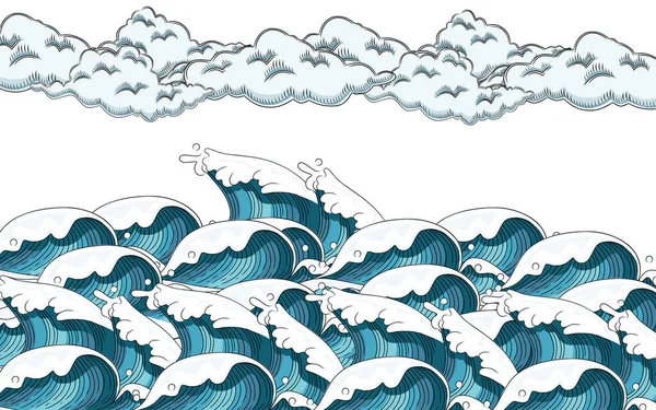 Hand Drawn Style Tsunami Wave Big Blue Sea Wave Sketchy — Stock Vector