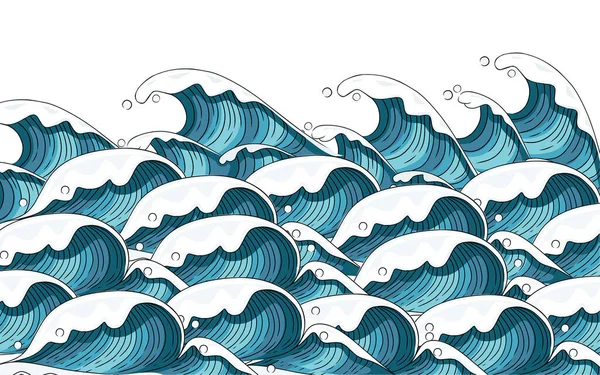 Χέρι Που Στυλ Κύμα Τσουνάμι Μεγάλο Μπλε Κύμα Στη Θάλασσα — Διανυσματικό Αρχείο