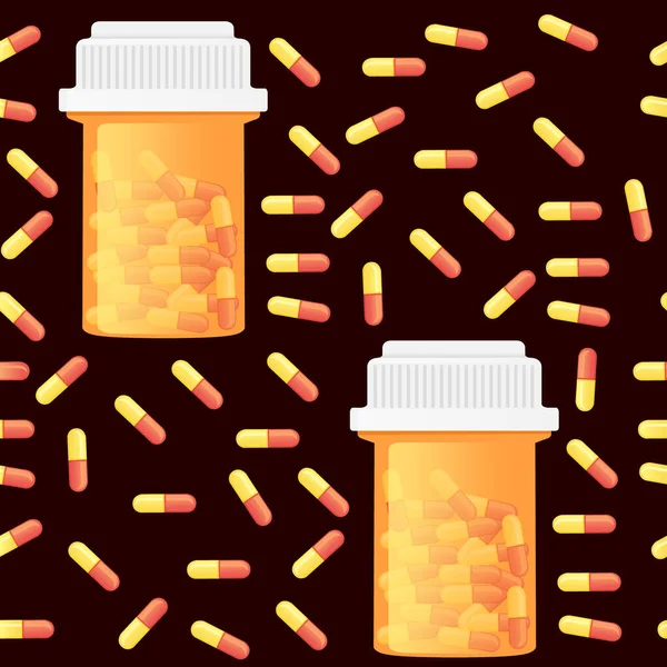 Seamless Pattern Full Medical Pill Bottles Vector Illustration Dark Background — Vetor de Stock