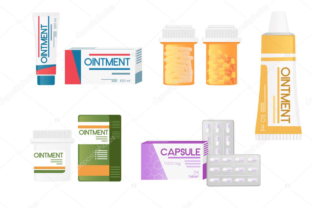 Set of ointment and tablets in different packages vector illustration on white background