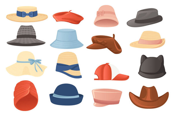 Big set of different summer modern and retro hats male and female headdress vector illustration isolated on white background.