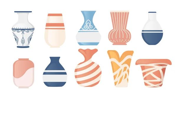 Set Modern Colored Pottery Ceramic Vases Flowers Vector Illustration Isolated — Stock vektor