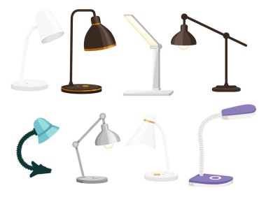 Beyaz zemin üzerinde izole edilmiş modern ev ve ofis masa lambası çizimi seti.