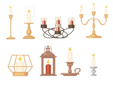 Set of Candles in candlesticks stand vintage design vector illustration isolated on white background.