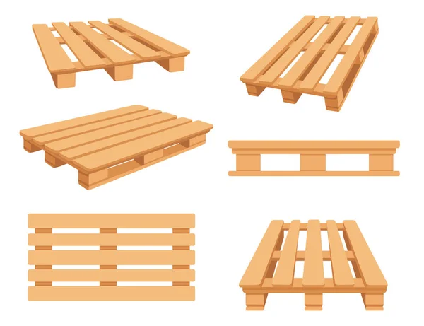 Set Wooden Pallets Cargo Loading Transportation Vector Illustration Isolated White — Vetor de Stock