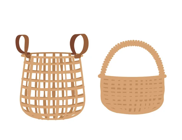 Two Empty Wicker Baskets Vector Illustration Isolated White Background — Vetor de Stock
