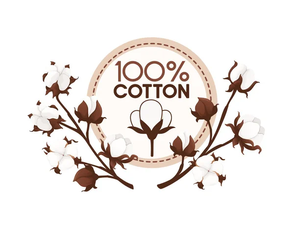 100 Cotton Label Badge Cotton Branches Vector Illustration Isolated White — 스톡 벡터