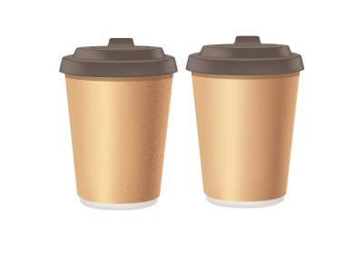 Disposable brown paper coffee cup with plastic drinking lids vector illustration isolated on white background.