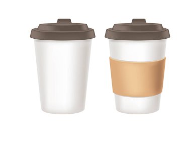Disposable white paper coffee cup with plastic drinking lids vector illustration isolated on white background.