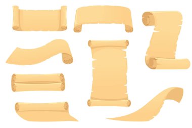 Set of papyrus ancient or medieval scroll with damage vector illustration isolated on white background.