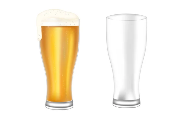 Twee Bierglas Leeg Gevuld Met Bier Transparant Glaswerk Vector Illustratie — Stockvector