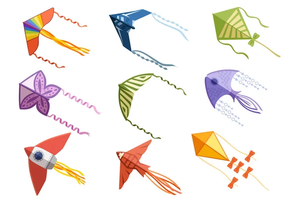 Set Different Kites Wind Flying Toy Vector Illustration Isolated White — 图库矢量图片