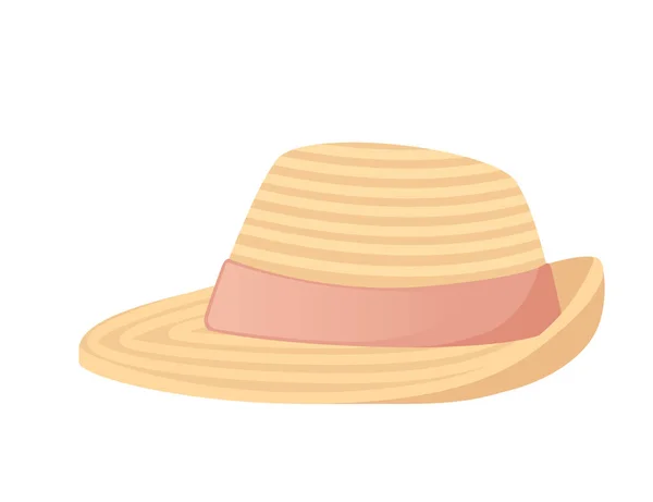 Summer Straw Hat Pink Ribbon Vector Illustration Isolated White Background — Vector de stock