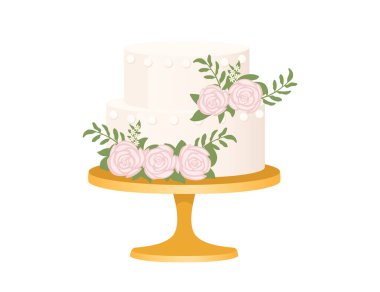 Çiçeklerle süslenmiş düğün pastası. Beyaz arkaplanda izole edilmiş vektör çizimi..