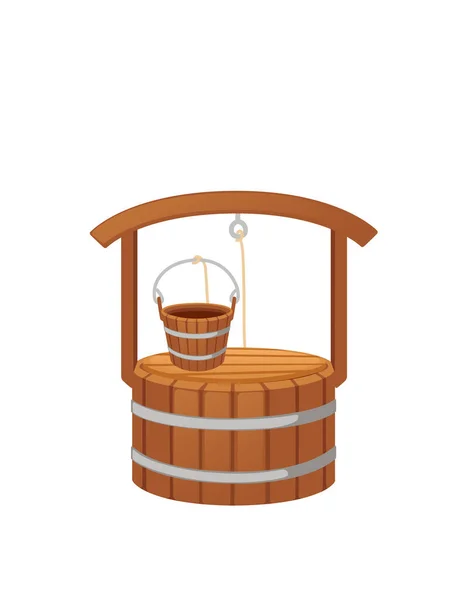 Wooden Well Rope Bucket Medieval Design Vector Illustration Isolated White — Vettoriale Stock
