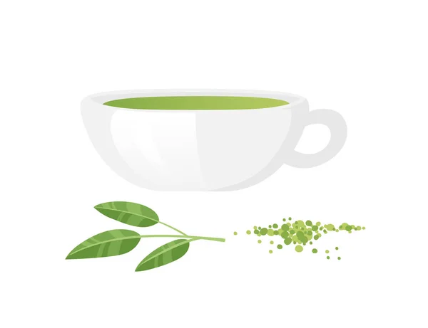 Matcha Tea Ceramic Cup Green Leaves Powder Vector Illustration Isolated — Stockvektor