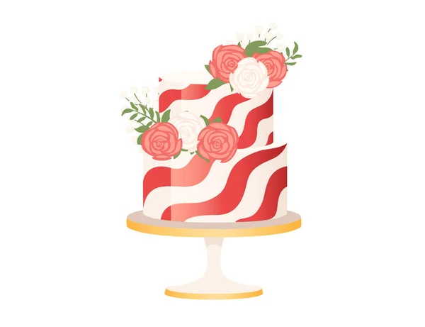 Wedding Cake Decorated Rose Flowers Gold Stand Vector Illustration Isolated — Vetor de Stock