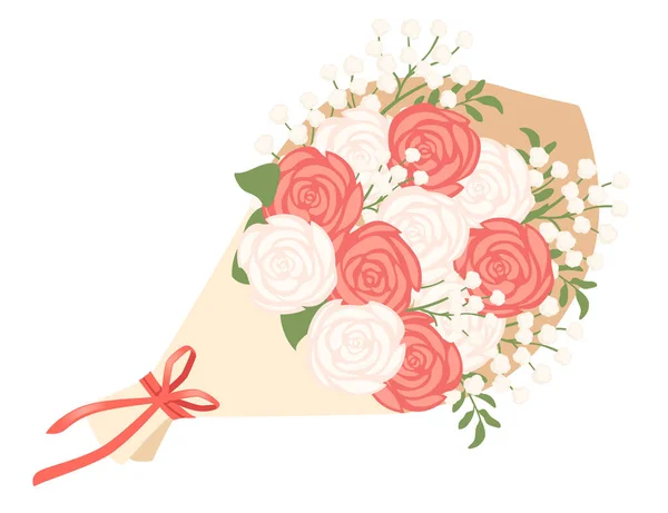 Bouquet Rose Flowers Gypsophila Wrapped Paper Red Ribbon Vector Illustration — 图库矢量图片