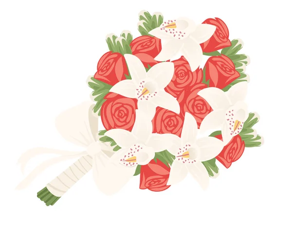 Bouquet Lily Flowers Rose Wrapped Paper White Ribbon Vector Illustration — 图库矢量图片