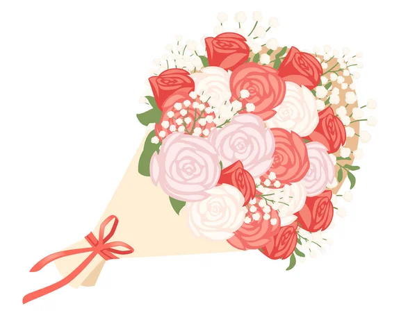 Bouquet Gypsophila Flowers Rose Wrapped Paper Red Ribbon Vector Illustration — 图库矢量图片