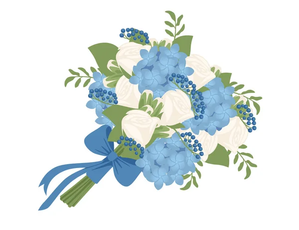 Bouquet of hydrangea flowers with rose wrapped in paper with a blue ribbon vector illustration isolated on white background.