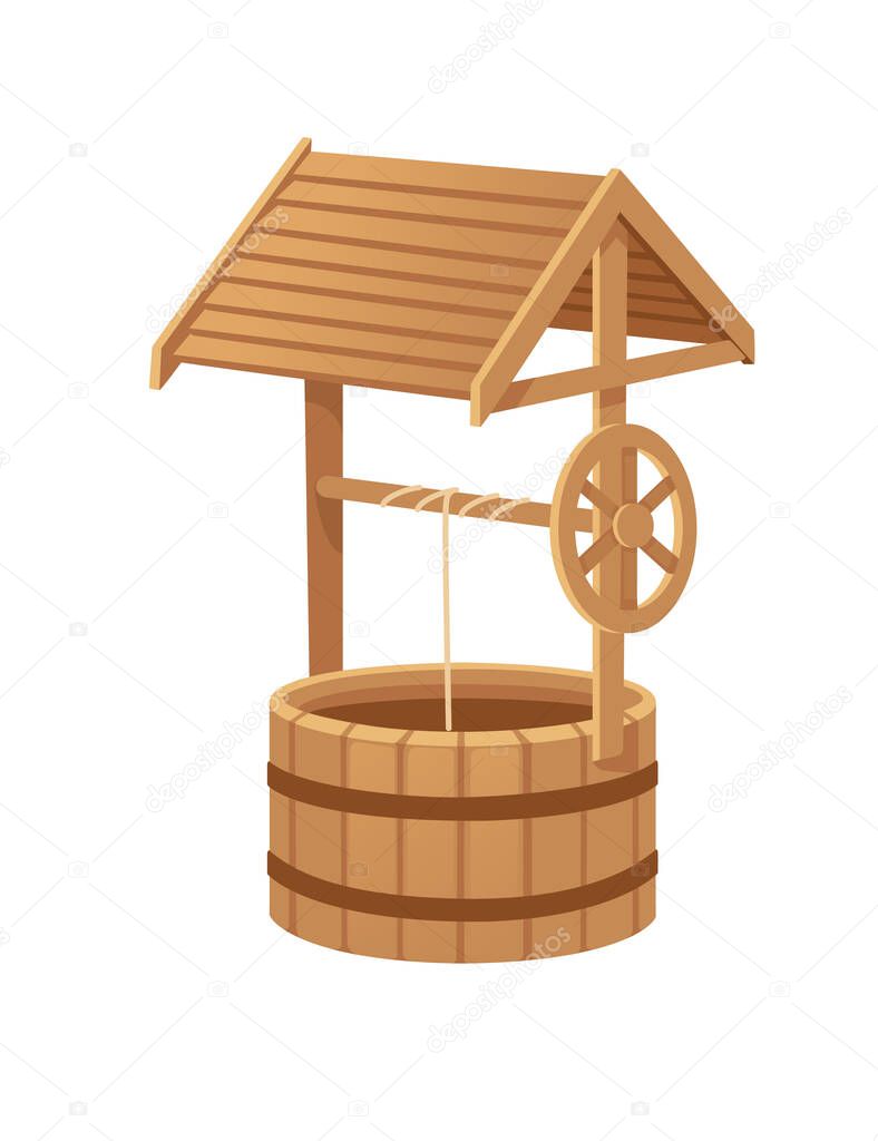 Wooden well with rope and roof medieval design vector illustration isolated on white background.