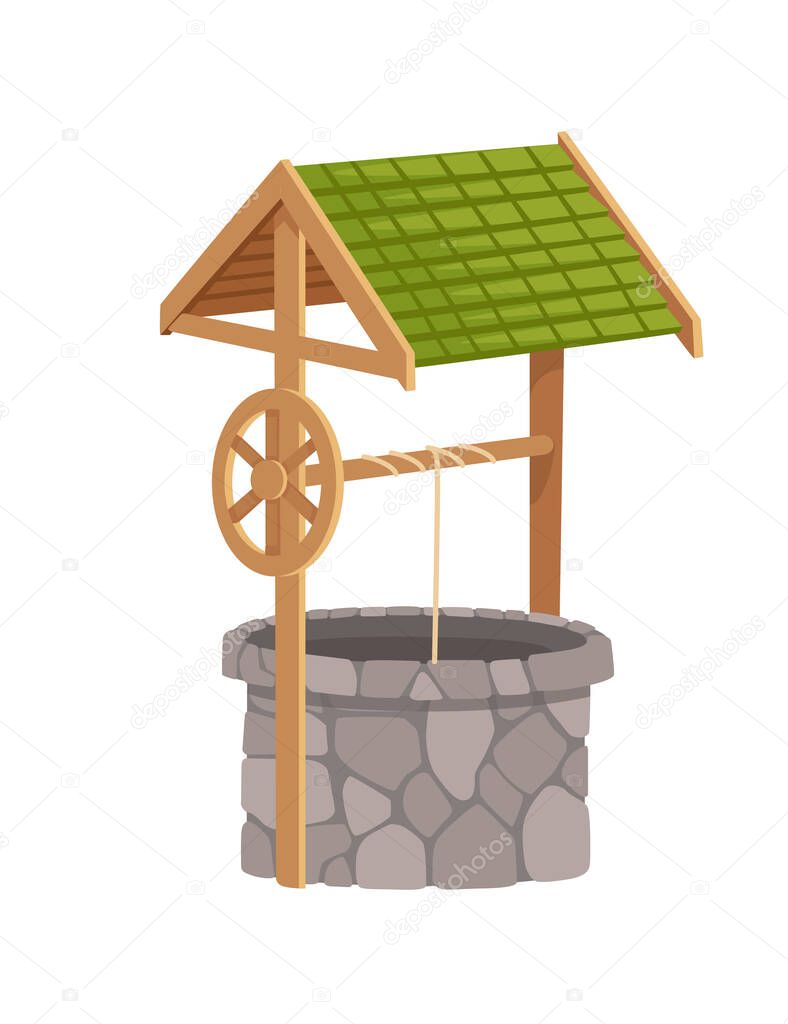 Stone well with rope and roof medieval design vector illustration isolated on white background.