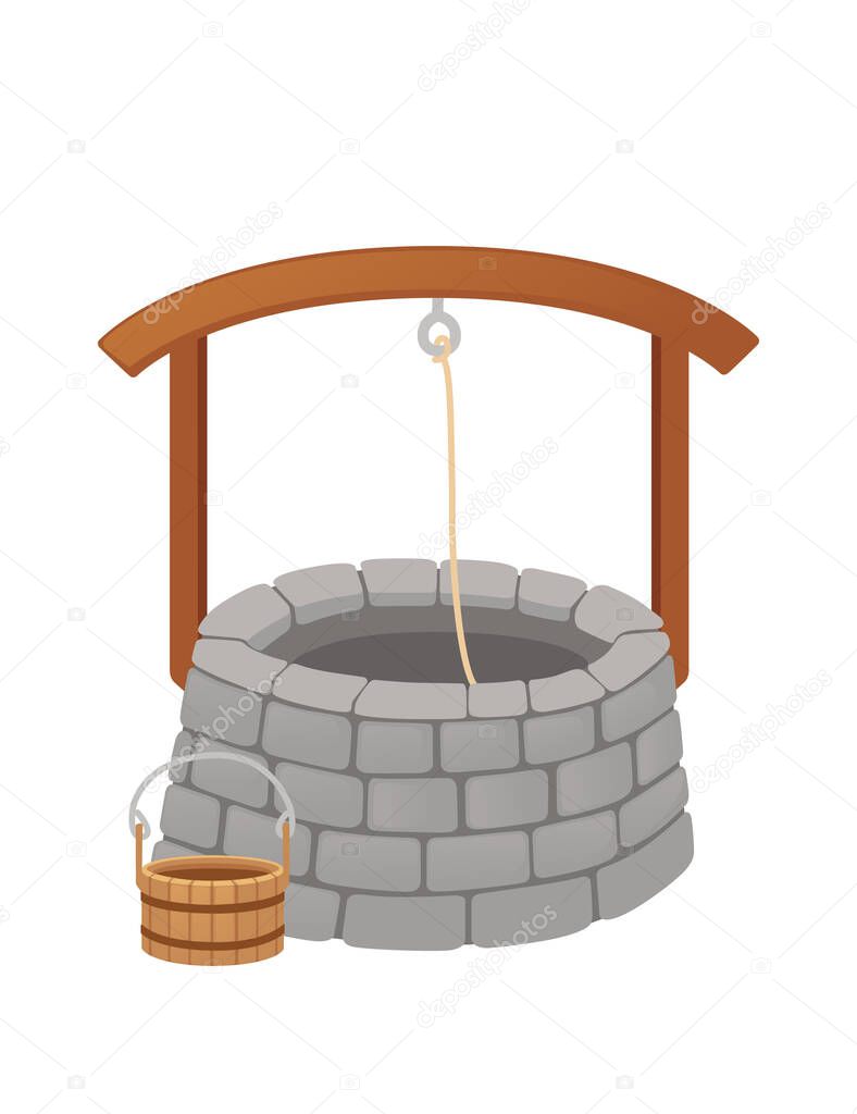 Stone well with rope medieval design vector illustration isolated on white background.