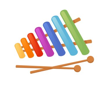 vector flat Illustration of cheerful xylophone isolated on white backdrop. child music performance, rainbow cartoon musical percussion instrument, happy fun game, kid entertainment. drum wood sound