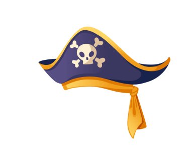 Blue and golden pirate hat with skull and bones vector illustration isolated on white background.