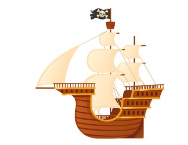 Wooden medieval pirate ship with white sails and black pirate flag galleon war wessel vector illustration isolated on white background.