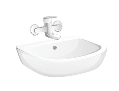 Modern ceramic sink with stainless steel faucet vector illustration isolated on white background household equipment for kitchen or bathroom.