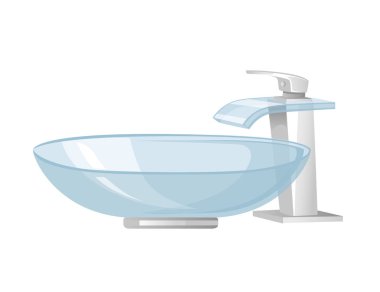 Modern glass sink with stainless steel faucet vector illustration isolated on white background household equipment for kitchen or bathroom.