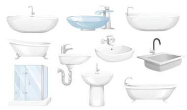 Collection of faucets with bath ceramic and glass bathroom furniture vector illustration isolated on white background.