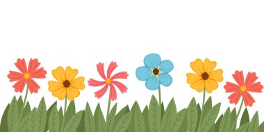 Simple different colored flowers bed with green grass and leaves vector illustration on white background