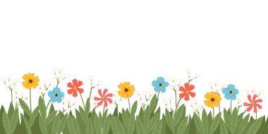 Simple different colored flowers bed with green grass and leaves vector illustration on white background.