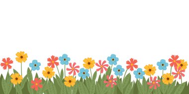 Simple different colored flowers bed with green grass and leaves vector illustration on white background.