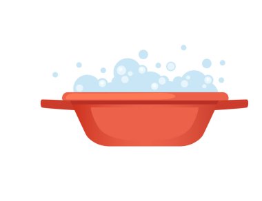 Red plastic basin with soap suds bowl with water and washing detergent vector illustration isolated on white background.