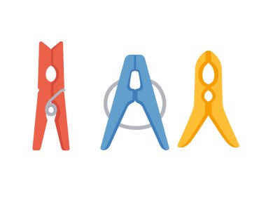 Set of three plastic clothes pegs yellow blue and red color vector illustration isolated on white background,