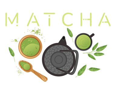 Traditional tools for tea ceremony matcha tea vector illustration on white background.