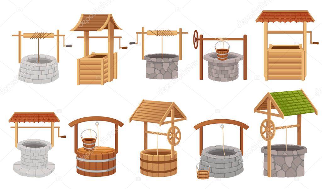 Set of wooden and stone well with rope roof and bucket vector illustration isolated on white background.