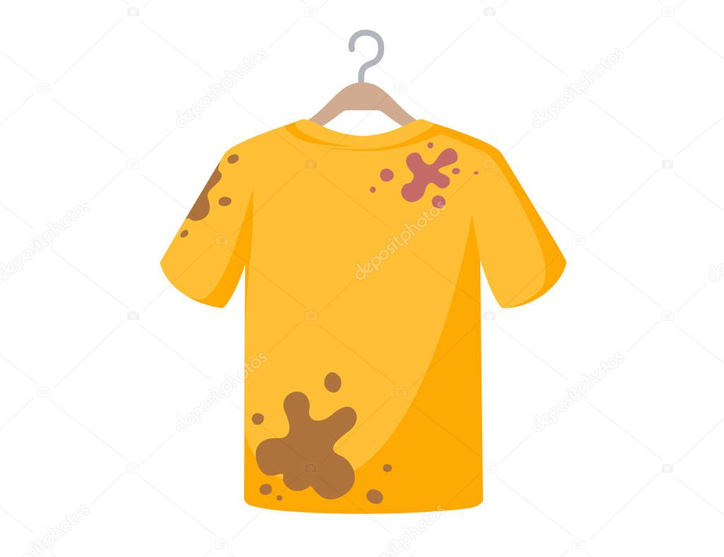 Dirty stain yellow t-shirts hanging on a hanger ready to washing vector illustration isolated on white background.