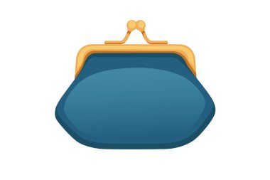 Mavi kadınların cüzdan para çantası klasik deri çanta, beyaz arka planda izole edilmiş altın çerçeve vektör illüstrasyonu..