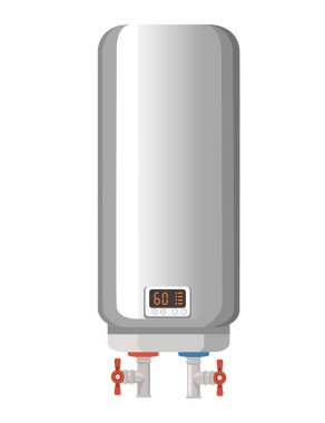Beyaz arkaplanda izole edilmiş görüntülü ve düğmeli elektrikli kontrol vektör ilüstrasyonlu modern kazan suyu ısıtıcısı.