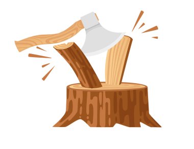 Beyaz arkaplanda izole edilmiş balta vektör çizimi ile kütük üzerine tahta kütük kesme.