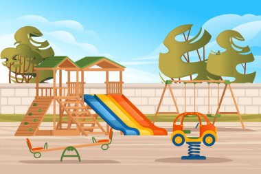 Kamu parkında, arka planda ağaçlar ve şehir olan çocuk parkı çizimi.