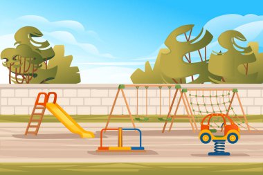 Kamu parkında, arka planda ağaçlar ve şehir olan çocuk parkı çizimi.